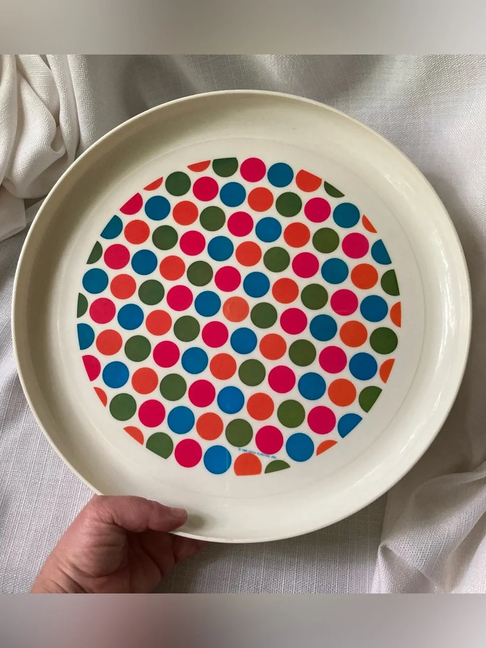 1969 Deka Plastics Orange, Green, Pink, & Blue Polka Dot No.140 